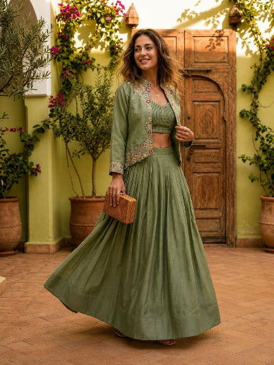 Navratri Lehenga Embroidered Jacket Crop Top Set