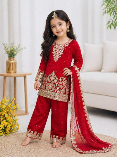 Kids Red and Gold Embroidered Sharara Kurta Dupatta Set