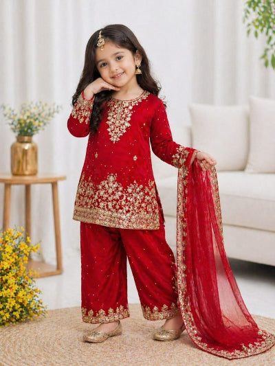 Kids Red and Gold Embroidered Sharara Kurta Dupatta Set