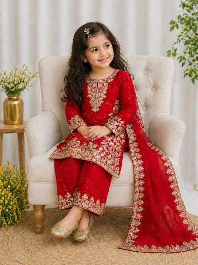 Kids Red and Gold Embroidered Sharara Kurta Dupatta Set