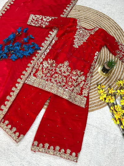 Kids Red and Gold Embroidered Sharara Kurta Dupatta Set