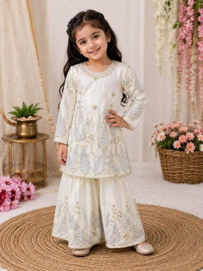 Kids Cream and Gold Embroidered Sharara Kurta Palazzo Set