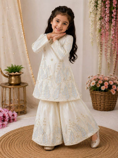 Kids Cream and Gold Embroidered Sharara Kurta Palazzo Set