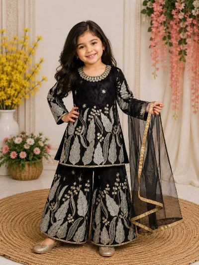 Kids Black and Gold Embroidered Lehenga Kurta Dupatta Set