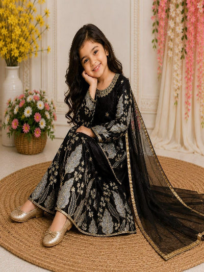 Kids Black and Gold Embroidered Lehenga Kurta Dupatta Set