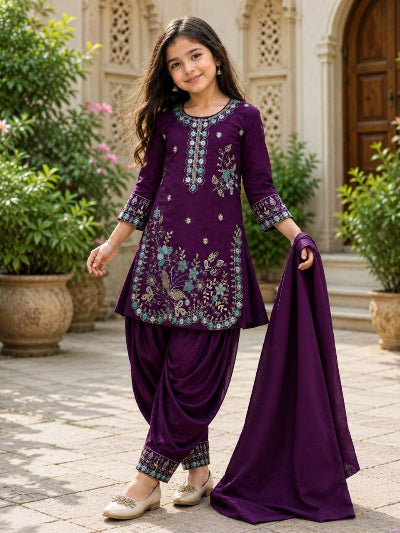 Kids Purple Embroidered Kurta Patiyala Dupatta Set