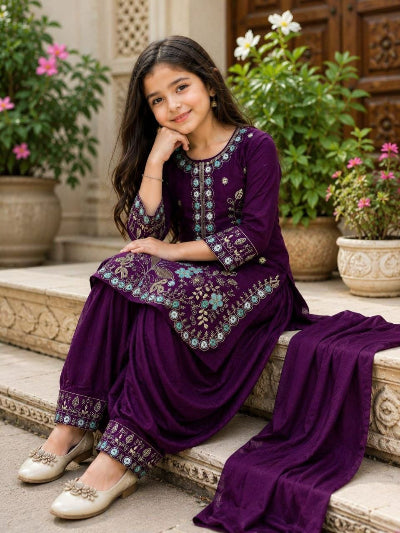 Kids Purple Embroidered Kurta Patiyala Dupatta Set