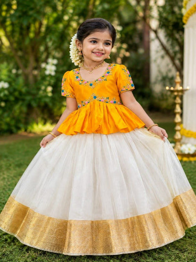 Kids Yellow and Cream Lehenga Choli Set