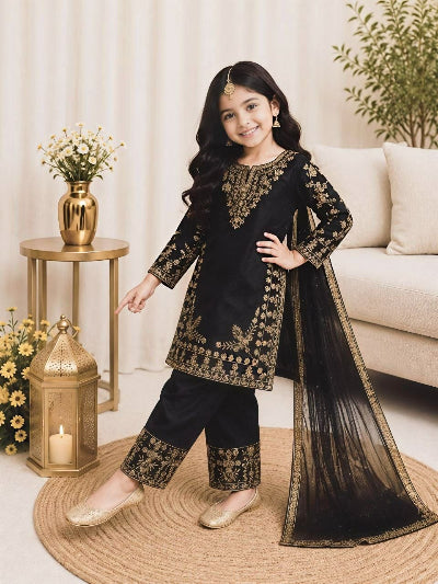 Kids Black and Gold Kurta Palazzo Dupatta Set