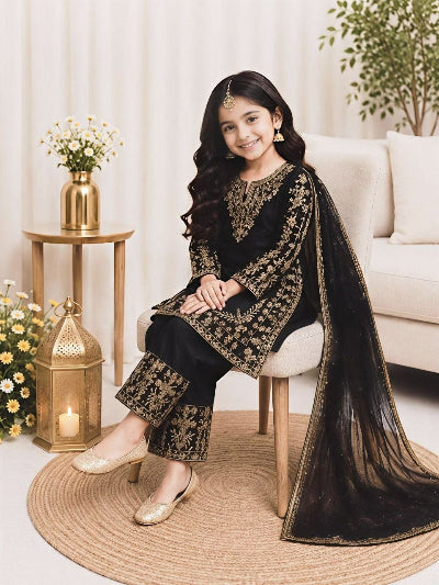 Kids Black and Gold Kurta Palazzo Dupatta Set