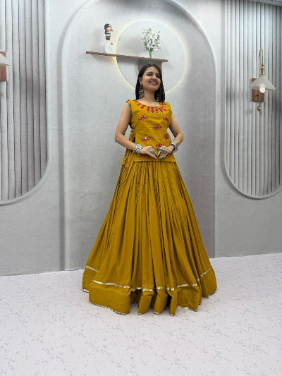Mustard Yellow Navratri Lehenga Blouse with Koti Jacket Mirror Work