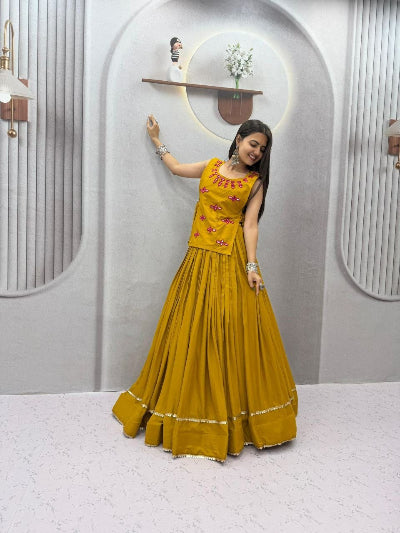 Mustard Yellow Navratri Lehenga Blouse with Koti Jacket Mirror Work