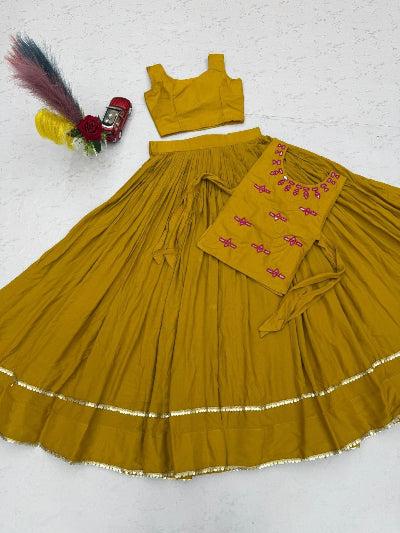 Mustard Yellow Navratri Lehenga Blouse with Koti Jacket Mirror Work