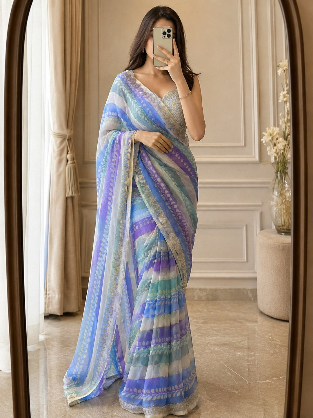 Pastel Prestitched Satin Silk Saree with Diamond Mirror Work &amp; Unstitched Blouse