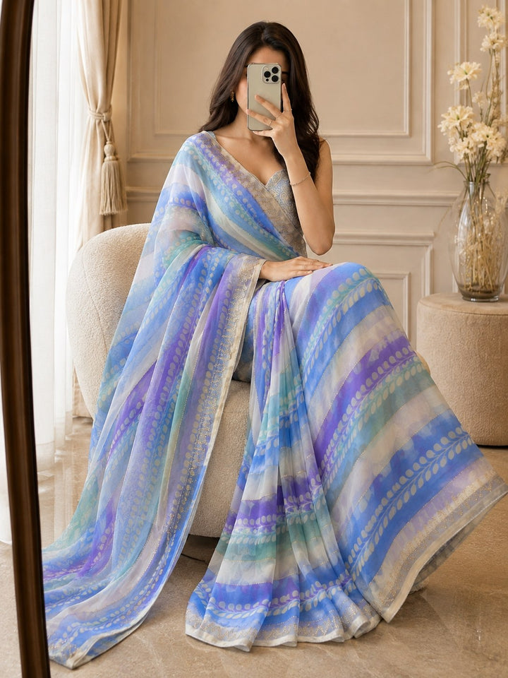 Pastel Prestitched Satin Silk Saree with Diamond Mirror Work &amp; Unstitched Blouse
