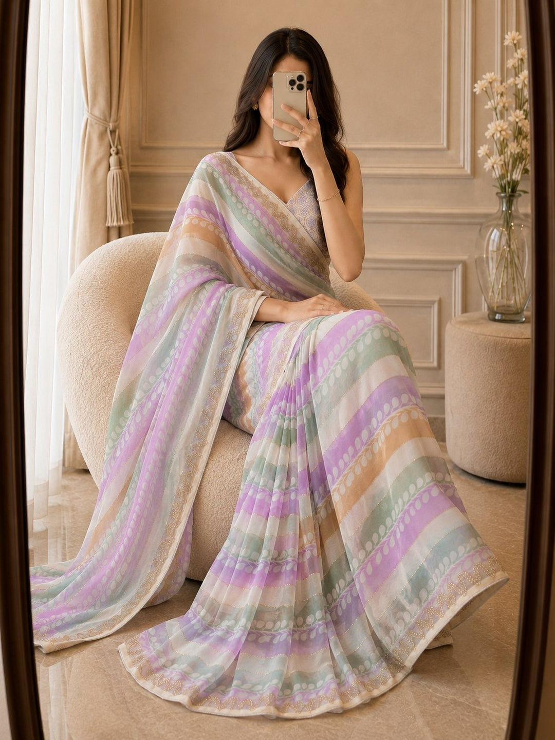Pastel Prestitched Satin Silk Saree with Diamond Mirror Work &amp; Unstitched Blouse