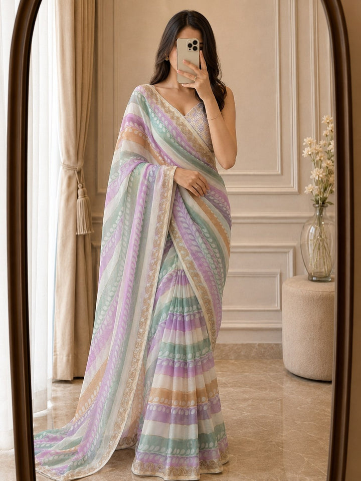 Pastel Prestitched Satin Silk Saree with Diamond Mirror Work &amp; Unstitched Blouse