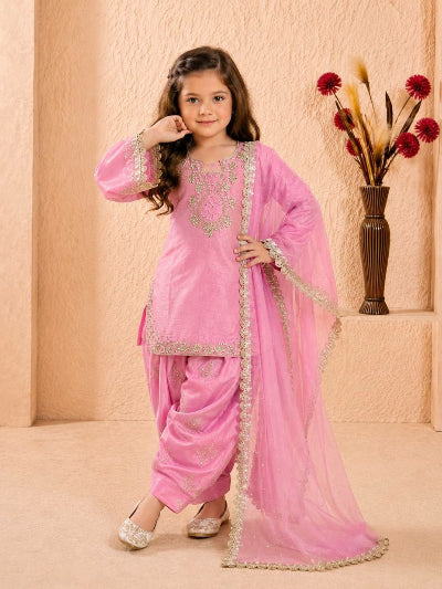 Girls Pink Embroidered Punjabi Patiala Farshi Suit with Dupatta