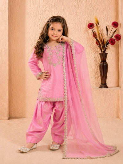 Girls Pink Embroidered Punjabi Patiala Farshi Suit with Dupatta