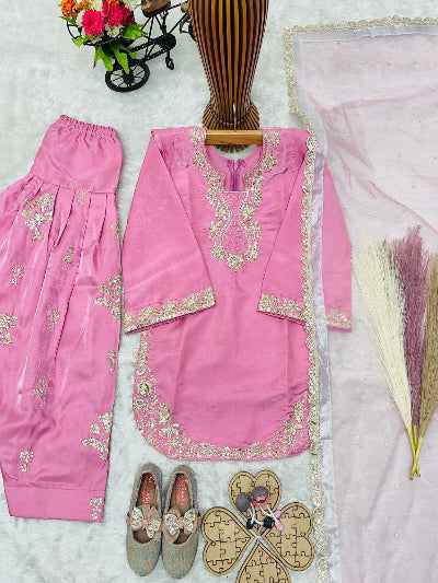 Girls Pink Embroidered Punjabi Patiala Farshi Suit with Dupatta