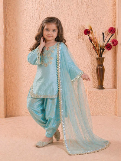 Girls Sky Blue Embroidered Punjabi Patiala Farshi Suit with Dupatta