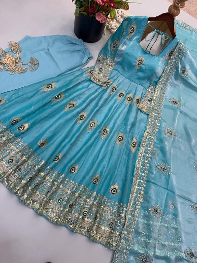 Peacock Skyblue  Embroidered Anarkali Long Gown Suit Set