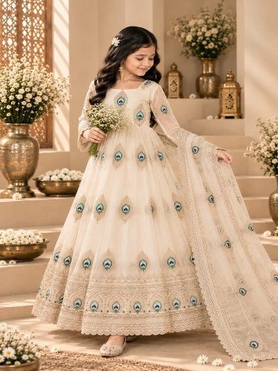 Kids Silk Gown with Thread Embroidery Zari Sequins Dupatta Set