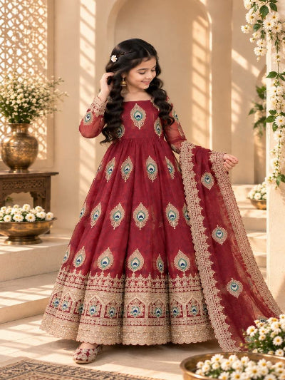 Kids Maroon Silk Gown with Thread Embroidery Zari Sequins Dupatta Set