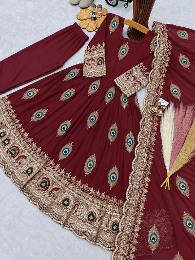 Kids Maroon Silk Gown with Thread Embroidery Zari Sequins Dupatta Set