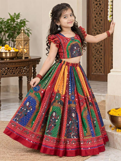 Kids Multicolour Digital Print Lehenga Choli Set with Mirror Work