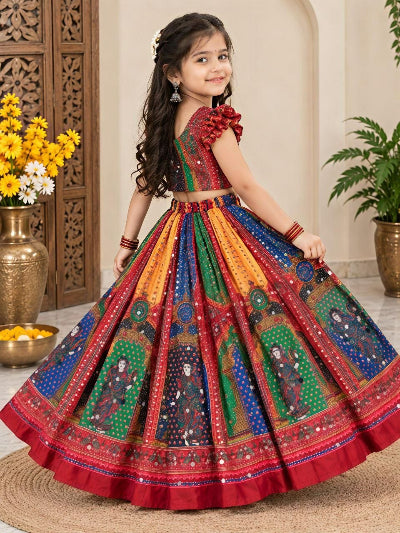 Kids Multicolour Digital Print Lehenga Choli Set with Mirror Work