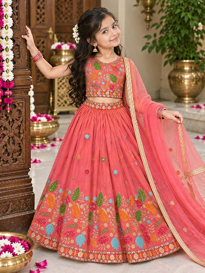 Kids Pink Soft Silk Lehenga Choli Set with Sequence Embroidery