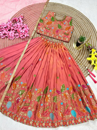 Kids Pink Soft Silk Lehenga Choli Set with Sequence Embroidery