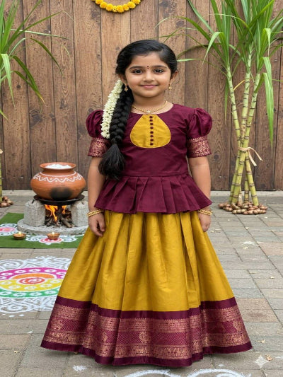 Kids Maroon and Yellow Soft Lichi Silk Lehenga Choli Set with Zari Jacquard
