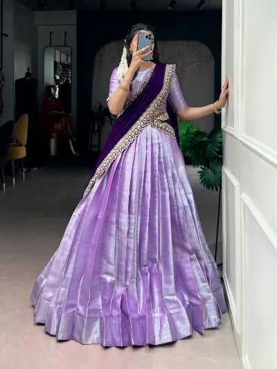 Lilac Purple Jacquard Silk Lehenga Choli Set with Weaving Work