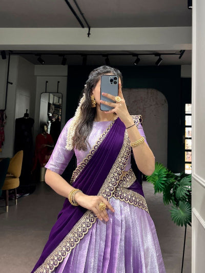 Lilac Purple Jacquard Silk Lehenga Choli Set with Weaving Work