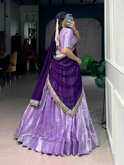 Lilac Purple Jacquard Silk Lehenga Choli Set with Weaving Work