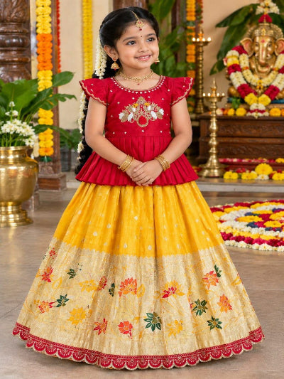 Kids Red and Yellow Pure Viscose Tissue Lehenga Choli Set with Embroidery