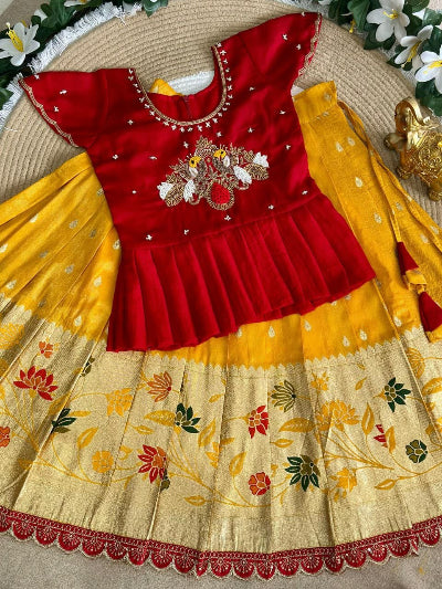 Kids Red and Yellow Pure Viscose Tissue Lehenga Choli Set with Embroidery