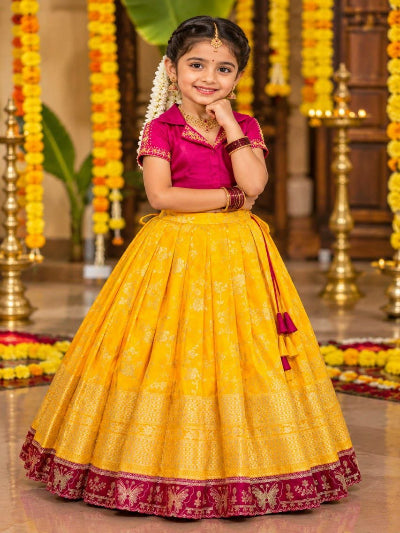 Kids Pink and Yellow Silk Lehenga Choli Set with Zari Weaving