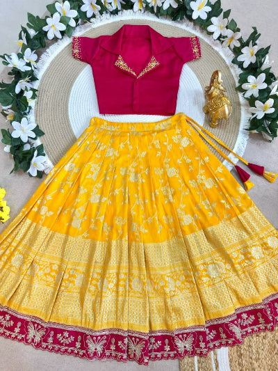 Kids Pink and Yellow Silk Lehenga Choli Set with Zari Weaving