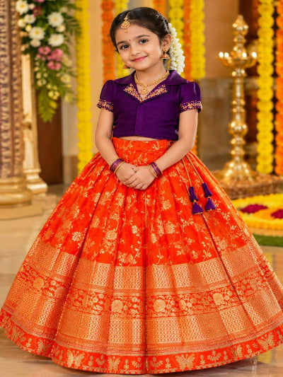 Kids Purple and Orange Lehenga Choli Set with Zari Weaving