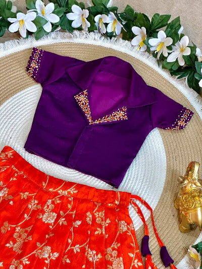 Kids Purple and Orange Lehenga Choli Set with Zari Weaving
