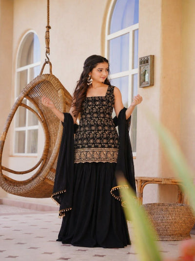 Kids Black Premium Georgette Palazzo Suit Set with Heavy Embroidery