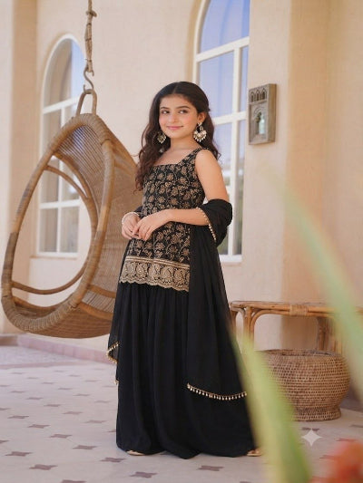 Kids Black Premium Georgette Palazzo Suit Set with Heavy Embroidery
