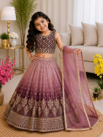 Kids Mauve Soft Chinon Silk Lehenga Choli Set with Sequins Embroidery