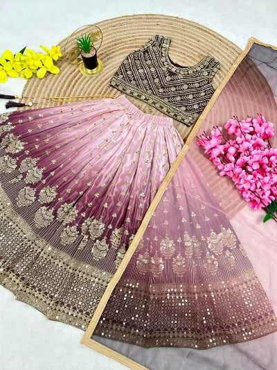 Kids Mauve Soft Chinon Silk Lehenga Choli Set with Sequins Embroidery