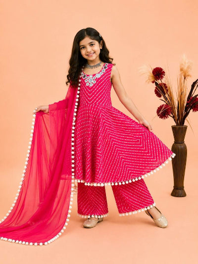Kids Pink  Georgette Anarkali Suit Set with Mirror Embellishments
