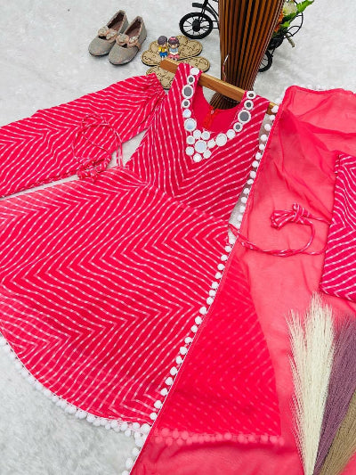 Kids Pink  Georgette Anarkali Suit Set with Mirror Embellishments