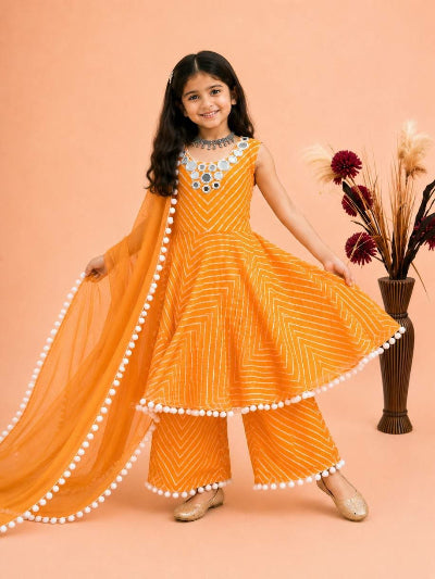 Kids Orange Georgette Anarkali Suit Set with Mirror Embellishments